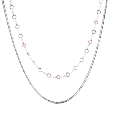 Metal Chain Colorful Rhinestone Double-layer Necklace Women's Alloy Teardrop