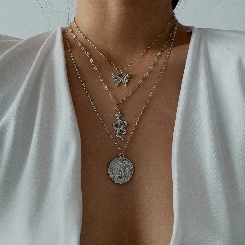 Unique Butterfly Snake Portrait Pendant Multilayer Simple Women's Necklace
