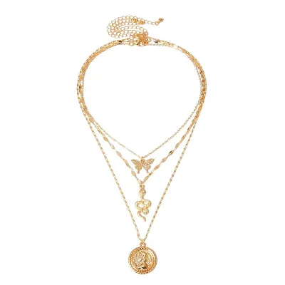 Unique Butterfly Snake Portrait Pendant Multilayer Simple Women's Necklace