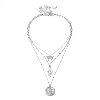 Unique Butterfly Snake Portrait Pendant Multilayer Simple Women's Necklace
