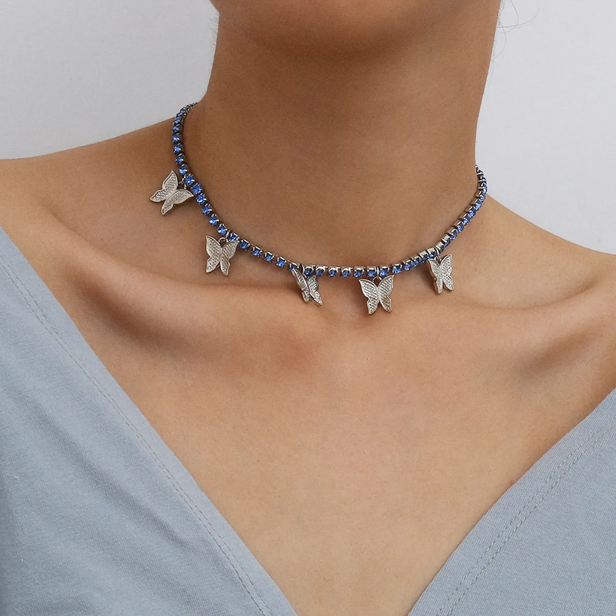 Single Layer Diamond Butterfly Rhinestone Choker Necklace
