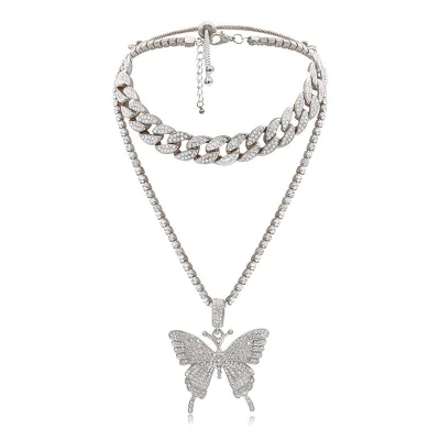 Delicate Fully-jewelled Butterfly Pendant Necklace for Women Cuban Chain Rhinestone Alloy
