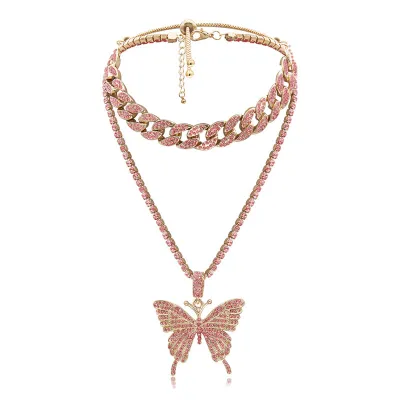 Delicate Fully-jewelled Butterfly Pendant Necklace for Women Cuban Chain Rhinestone Alloy