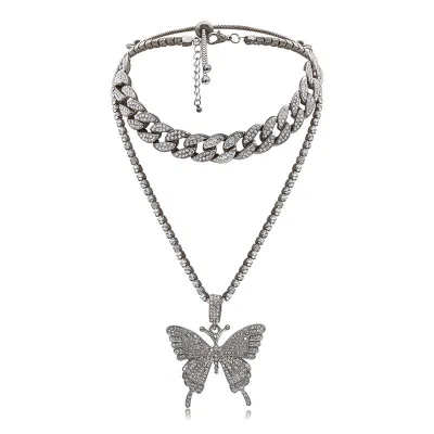Delicate Fully-jewelled Butterfly Pendant Necklace for Women Cuban Chain Rhinestone Alloy