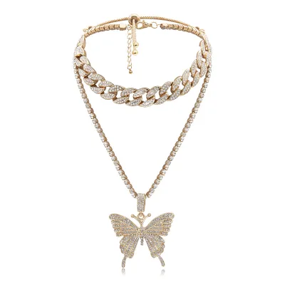 Delicate Fully-jewelled Butterfly Pendant Necklace for Women Cuban Chain Rhinestone Alloy