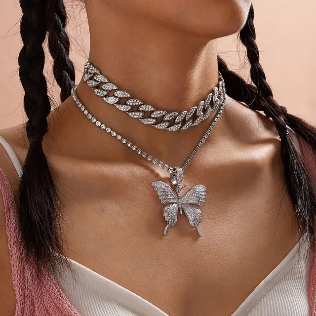 Delicate Fully-jewelled Butterfly Pendant Necklace for Women Cuban Chain Rhinestone Alloy