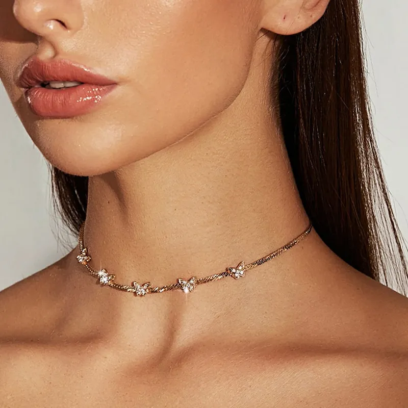 Temperament Snake Bone Chain Butterfly Necklace Women Rhinestone Alloy Jewelry