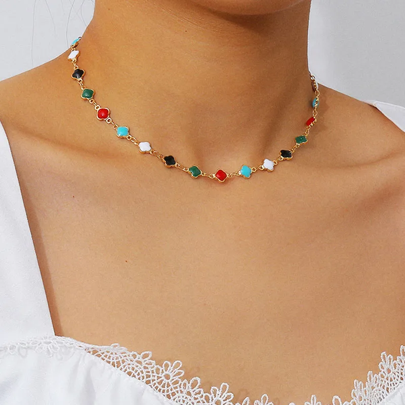 Women Retro Colorful Flower Choker Necklace