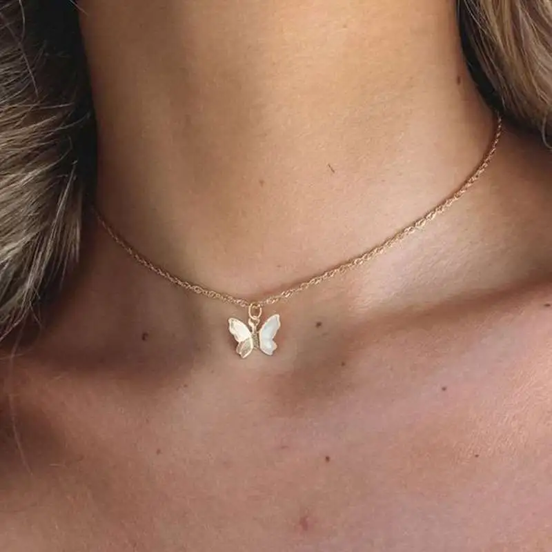 Women Simple Butterfly Pendant Necklace Alloy Water Wave Chain