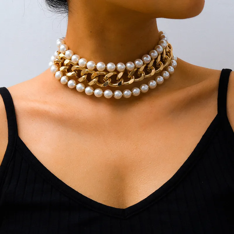 Creative Pearl Metal Chain Multilayer Necklaces for Women Geometric Style