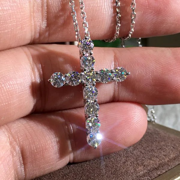 Fashion Rhinestone Geometric Cross Pendant Necklace 925 Silver