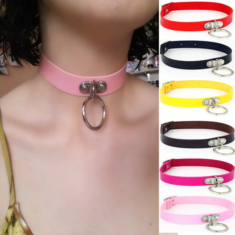 Harajuku Punk Metal Ring Decor PU Leather Choker Necklace