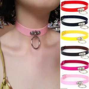 Harajuku Punk Metal Ring Decor PU Leather Choker Necklace