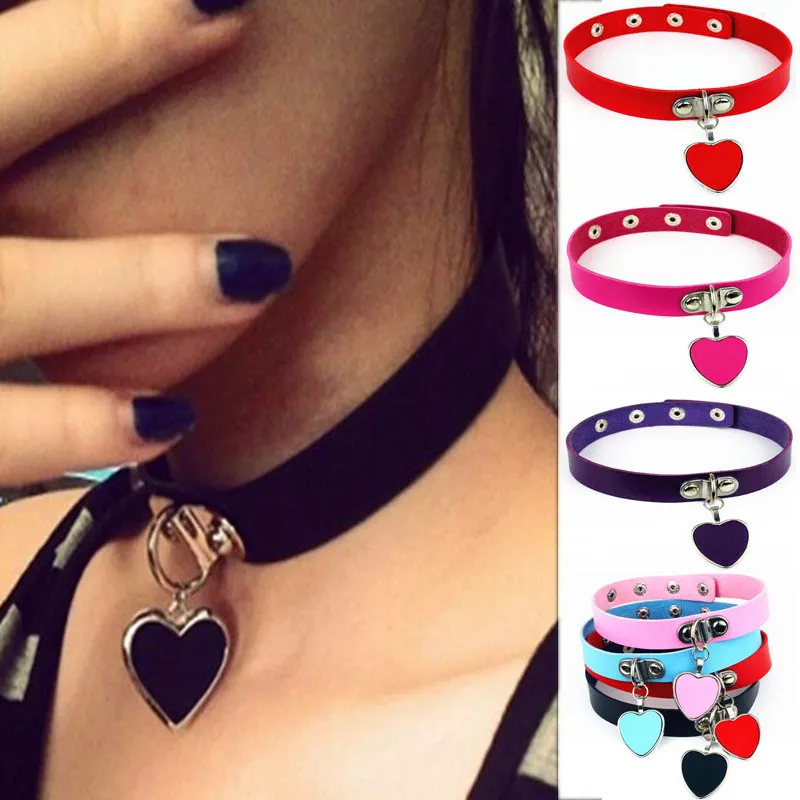 Women Punk Heart Pendant PU Choker Necklace