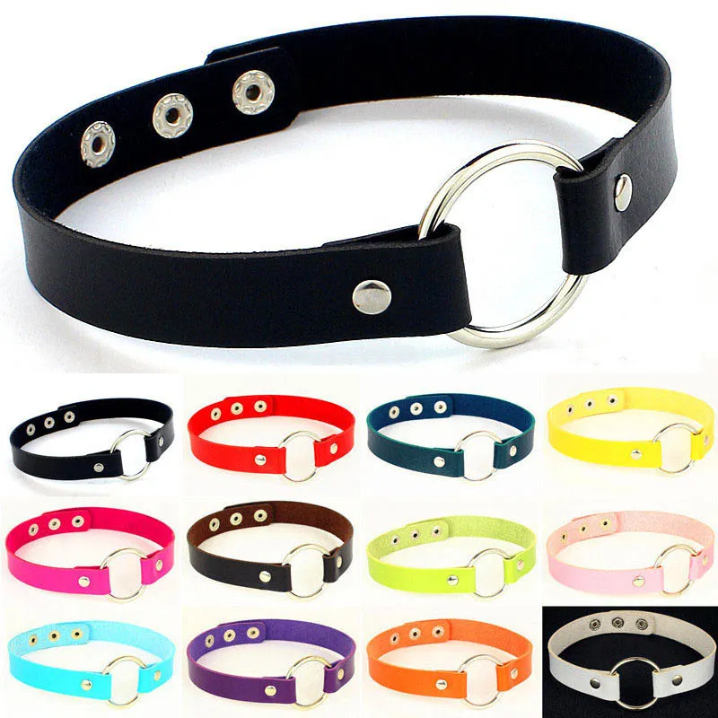 Punk Metal Ring Decor Pu Leather Choker Necklace Simple Geometric