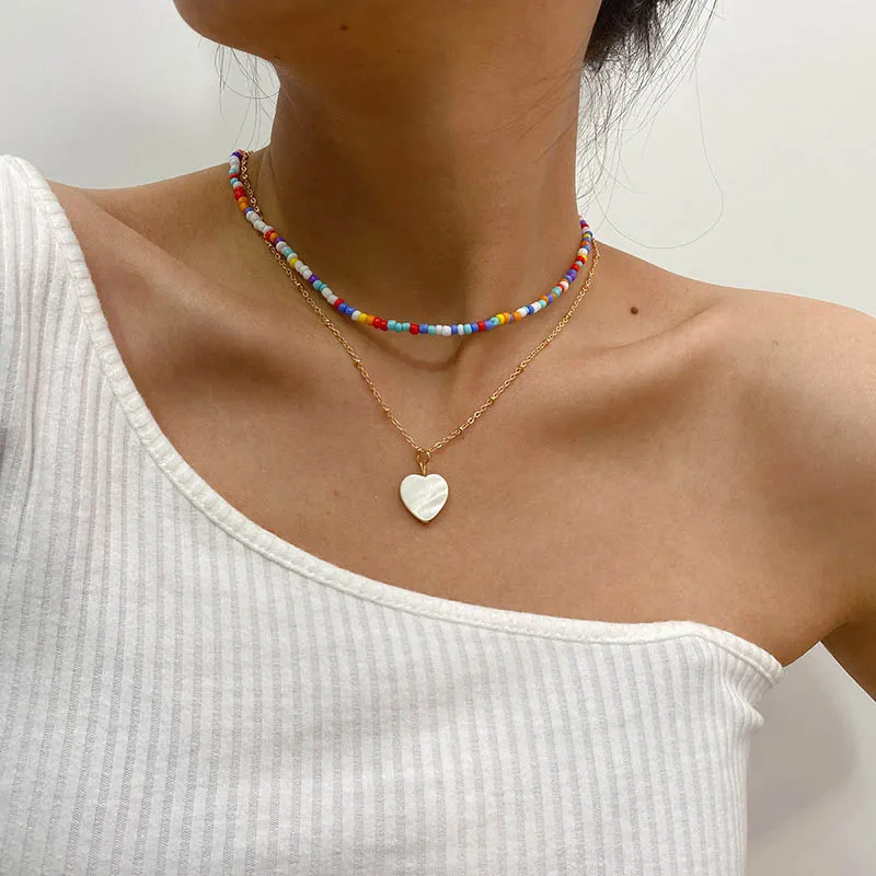 Ethnic Style Colorful Beads Heart Pendant Double Layer Ball Chain Necklaces