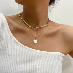 Ethnic Style Colorful Beads Heart Pendant Double Layer Ball Chain Necklaces