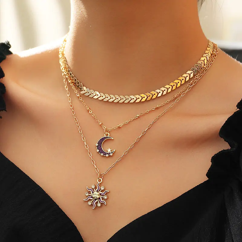 Women's Retro Zircon Sun Moon Pendant Multilayer Necklace