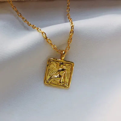 Vintage Women Square Angel Pattern Pendant Necklace Copper Ball Chain
