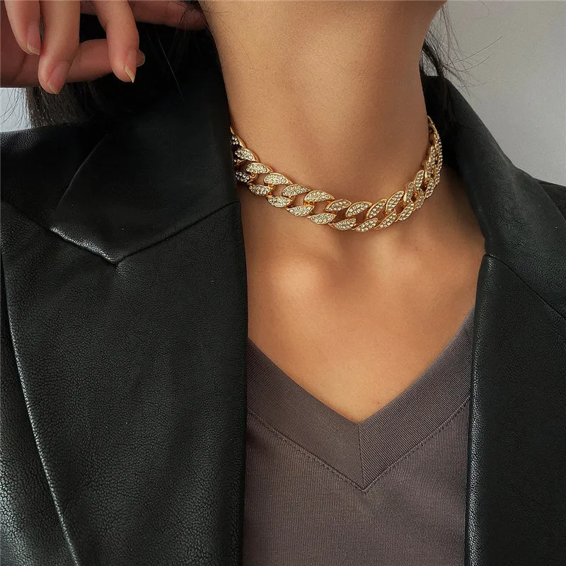 Women Punk Style Rhinestones Decor Geometric Cross Chain Necklace