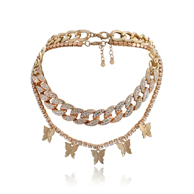 Retro Rhinestones Decoration Butterfly Cuban Chain Necklace for Women
