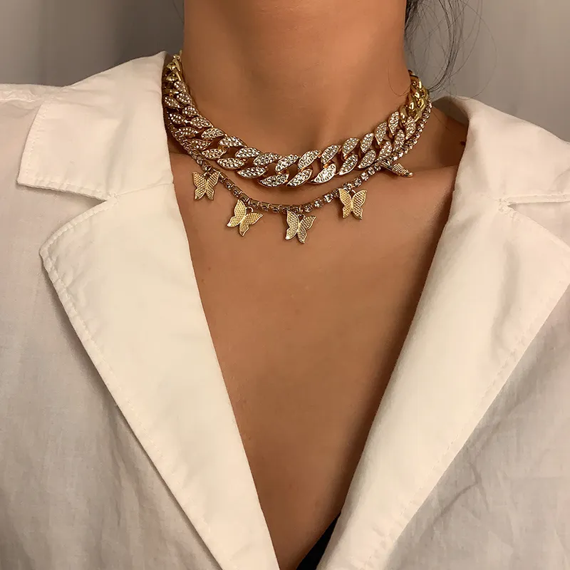 Retro Rhinestones Decoration Butterfly Cuban Chain Necklace for Women