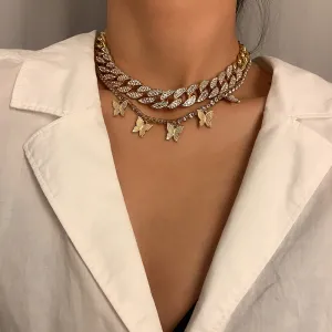 Retro Rhinestones Decoration Butterfly Cuban Chain Necklace for Women