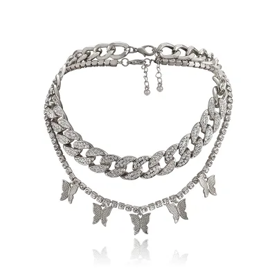Retro Rhinestones Decoration Butterfly Cuban Chain Necklace for Women