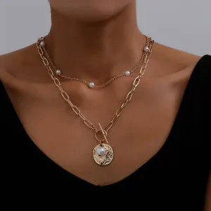 Fashion Pearl Decoration Double Layer Alloy Necklace For Women Geometric Chain