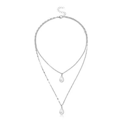 Fashion Double Layer Pearl Teardrop Necklace with Twist Chain