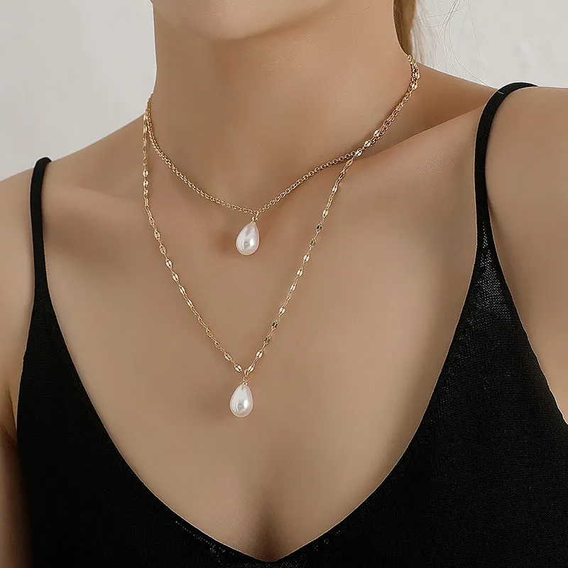 Fashion Double Layer Pearl Teardrop Necklace with Twist Chain