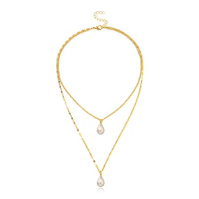 Fashion Double Layer Pearl Teardrop Necklace with Twist Chain