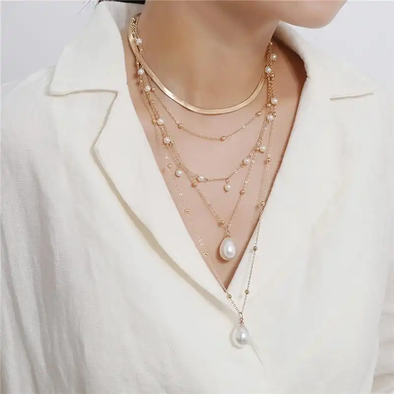 Women Baroque Pearls Decorative Multilayer Chain Necklace