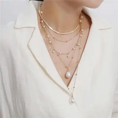 Women Baroque Pearls Decorative Multilayer Chain Necklace