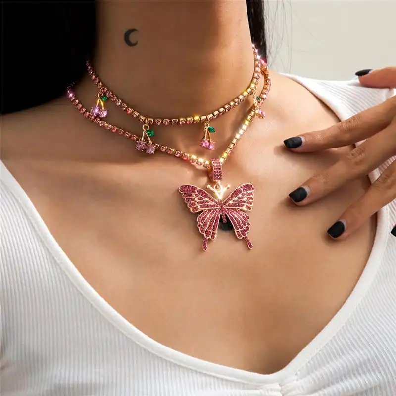 Women Fashion Butterfly Pendant Cherry Shaped Decorative Necklace With Rhinestone Chain