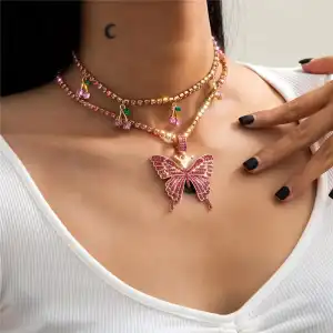 Women Fashion Butterfly Pendant Cherry Shaped Decorative Necklace With Rhinestone Chain