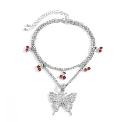 Women Fashion Butterfly Pendant Cherry Shaped Decorative Necklace With Rhinestone Chain