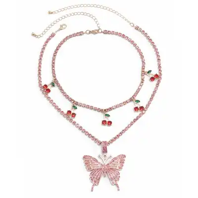 Women Fashion Butterfly Pendant Cherry Shaped Decorative Necklace With Rhinestone Chain