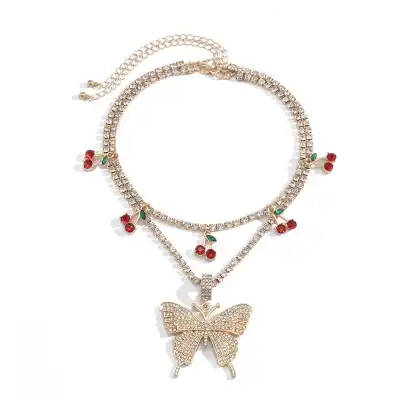 Women Fashion Butterfly Pendant Cherry Shaped Decorative Necklace With Rhinestone Chain