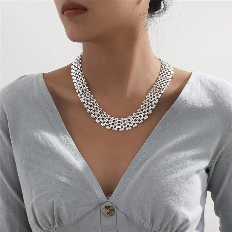 Women Exaggerated Hollow Out Wide Chain Necklace