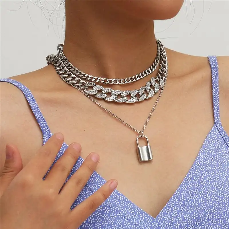 Women Unique Lock Pendant Multilayer Chain Necklace