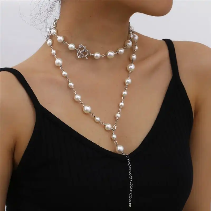 Women Fashion Pearl Decorative Multilayer Chain Necklace