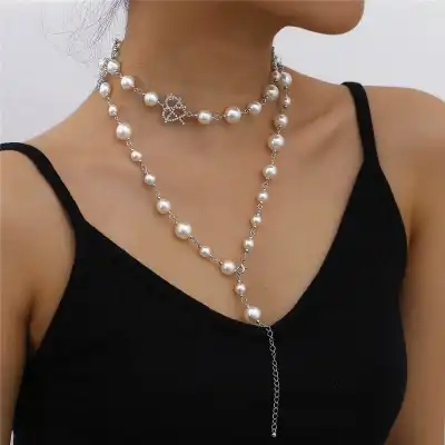 Women Fashion Pearl Decorative Multilayer Chain Necklace
