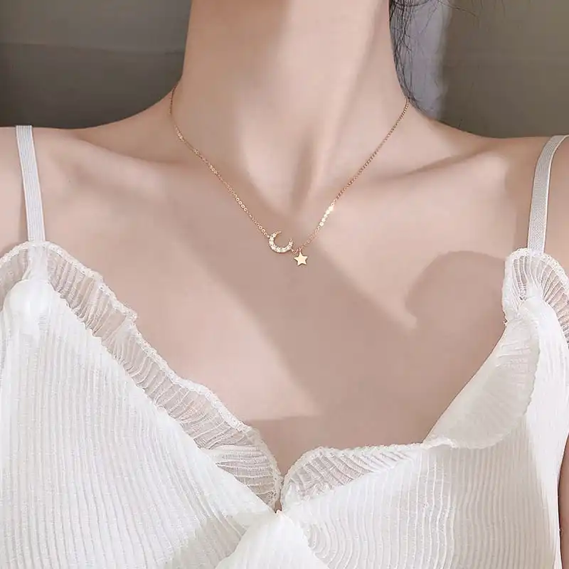 Women Minimalist Moon And Star Design Copper Necklace