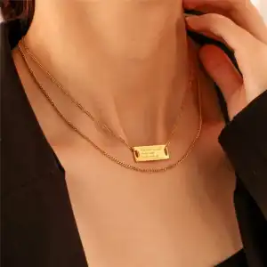 Women Minimalist Rectangle Letter Pendant Double-Layer Necklace Stainless Steel Gold Plated
