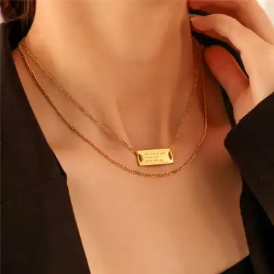 Women Minimalist Rectangle Letter Pendant Double-Layer Necklace Stainless Steel Gold Plated