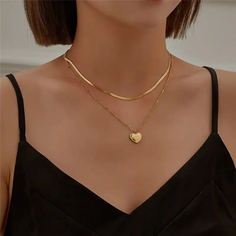 Women Minimalist Heart Pendant Double-Layer Necklace Titanium Steel