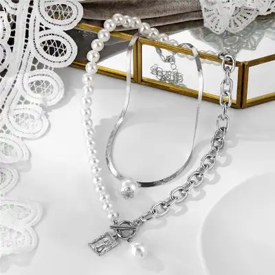 Women Baroque Pearl Decorative Necklace Set 2pcs
