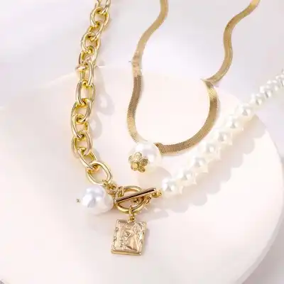 Women Baroque Pearl Decorative Necklace Set 2pcs