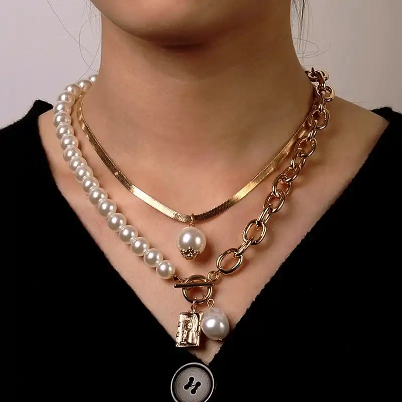 Women Baroque Pearl Decorative Necklace Set 2pcs